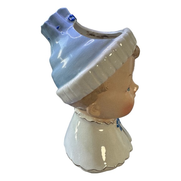 Vintage Ceramic Head Vase Smiling Baby Boy w/ Dimples and Blue Hat - Picture 3 of 8